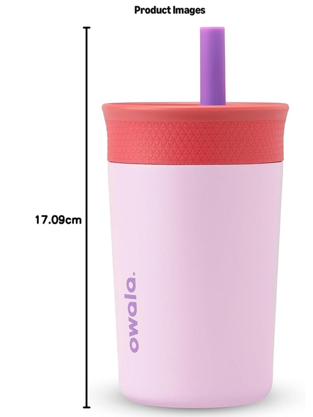 Owala Kids Pink Travel Cup with Purple Straw and Coral Lid